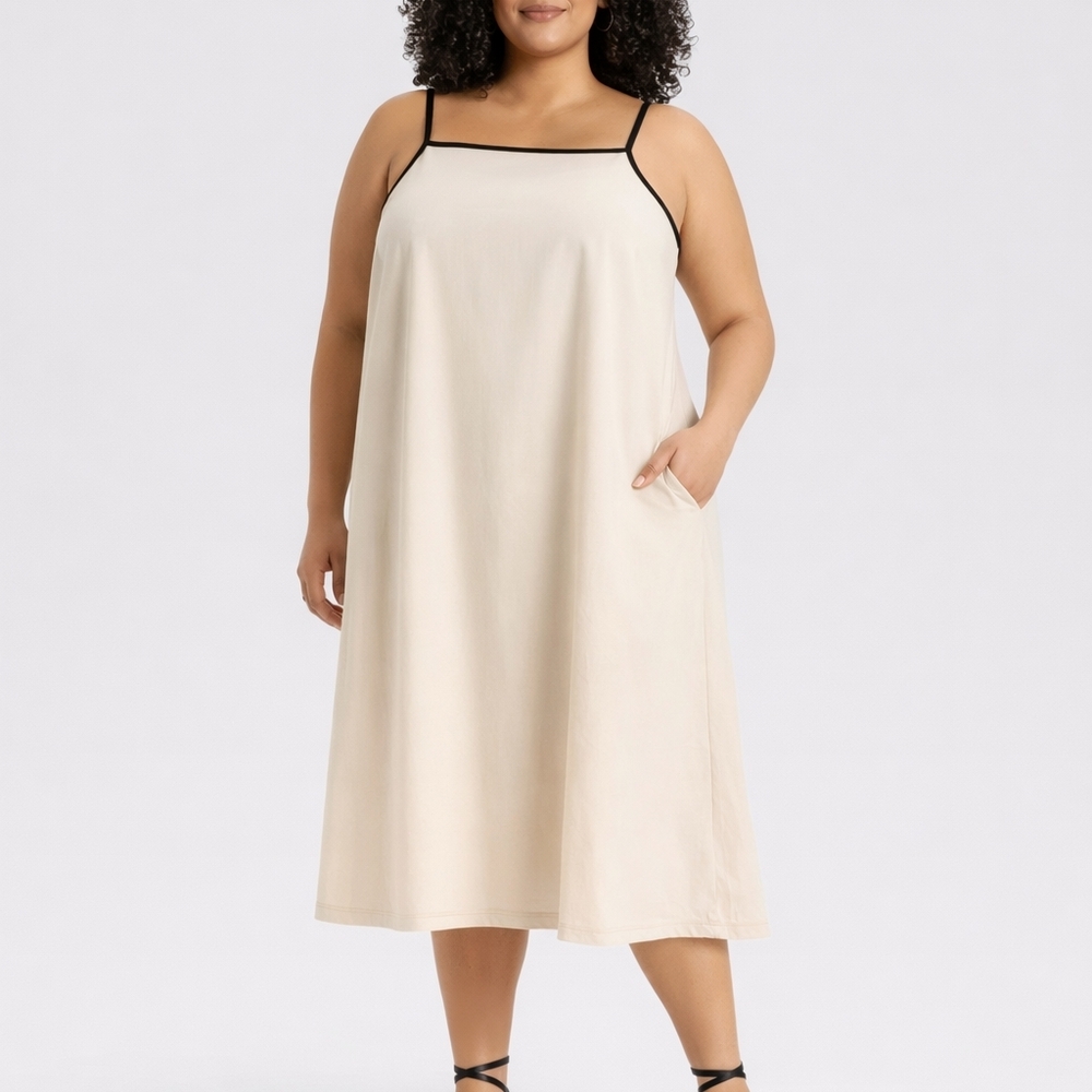 Ava & Viv Plus Size Sleeveless Midi Dress Cream w/ Black Trim NWT Flowy - 2X